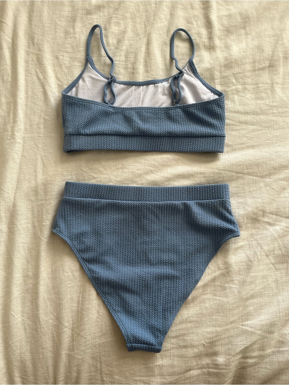 High Waisted Tummy Control Blue Ribbed Bikini Swimsuit Set - Picture 5 of 8
